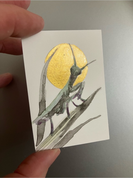 Artettina Other - Original praying mantis painting insect watercolor sumi-e ink art gold accents
